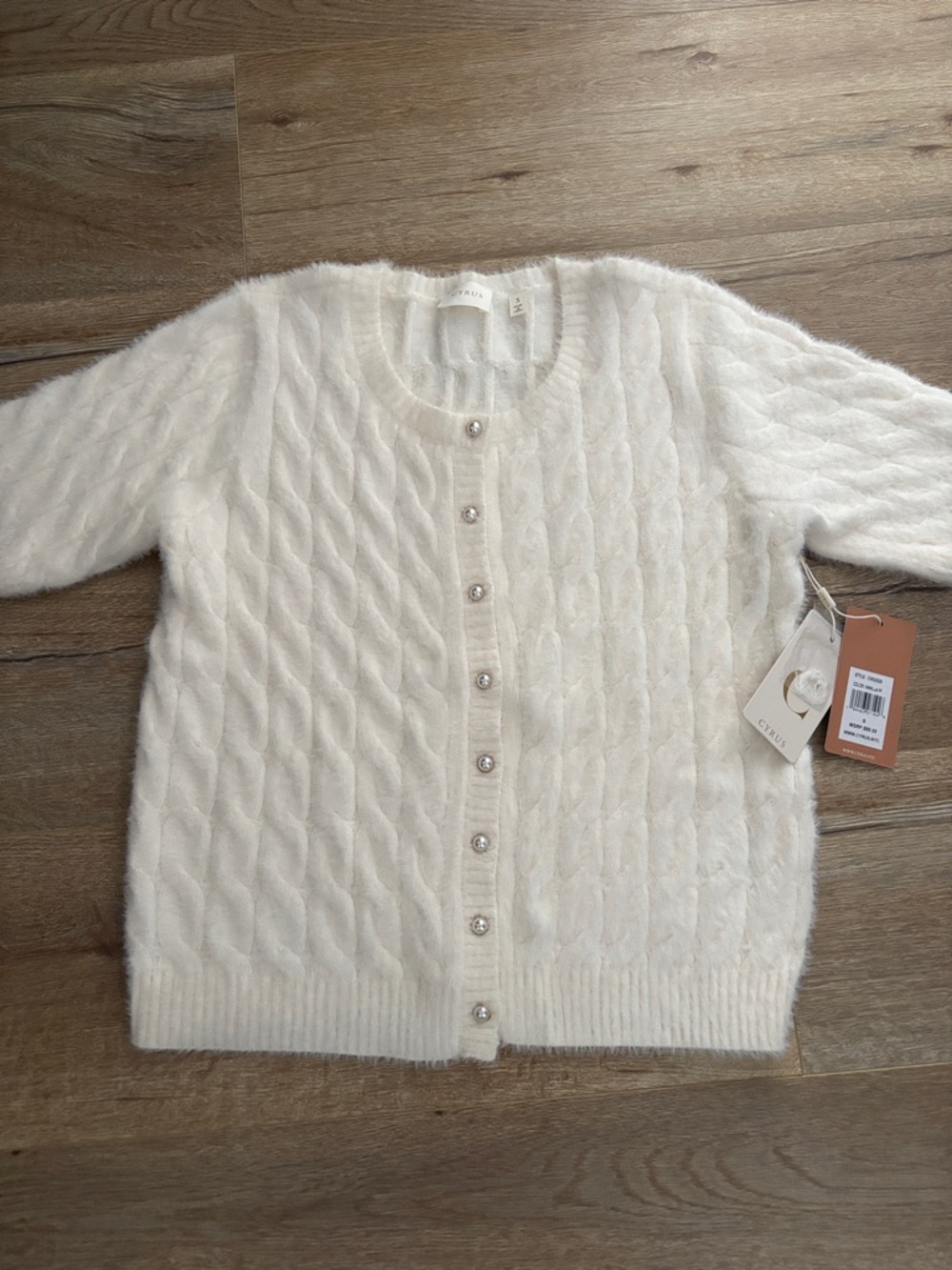 Cyrus Cream Cable-Knit Button Cardigan with Pearl Buttons